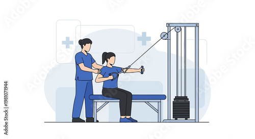 Physical Therapist Assisting Patient with Cable Machine Exercise for Rehabilitation