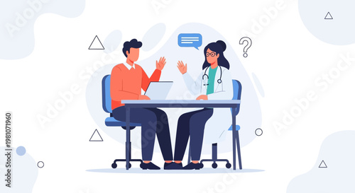 Doctor consulting patient, medical consultation, healthcare, doctor-patient relationship, illustration