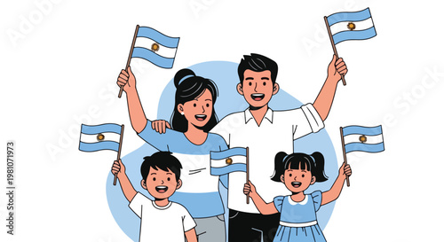 Happy cartoon family of four cheerfully waving Argentinian flags in celebration