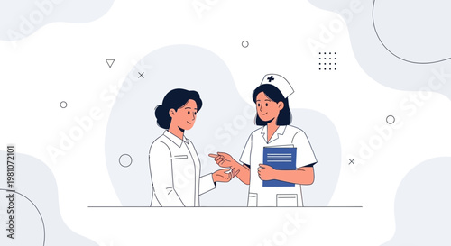 Two female doctors discussing medical case, modern flat illustration