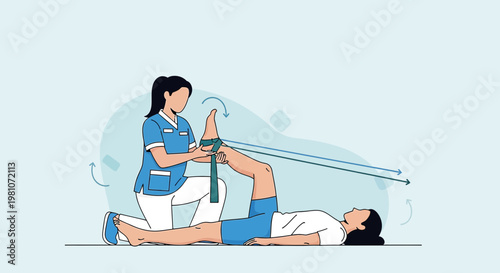 Physical therapist assisting patient with leg rehabilitation exercise using resistance bands