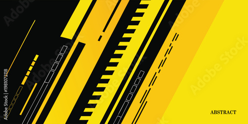 Abstract geometric background with diagonal black and yellow stripes rectangular blocks and dashed lines in a dynamic composition