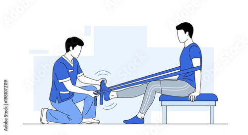 Physical therapist assisting patient with leg resistance band exercise for rehabilitation