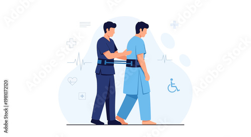 Physical therapist assisting patient with mobility after surgery, rehabilitation concept