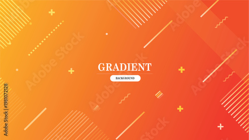 Abstract geometric background with orange and yellow gradient featuring diagonal lines dots plus signs and wavy shapes in a flat style