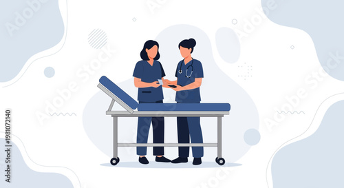 Nurses Discussing Patient Care Beside Examination Table in Modern Clinic