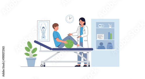 Physical therapist assisting patient with rehabilitation exercise using a ball