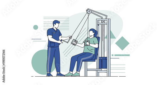 Physical therapist assisting patient with rehabilitation exercise on gym machine