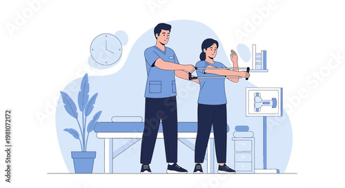Physical therapist assisting patient with rehabilitation exercises in a clinic setting.