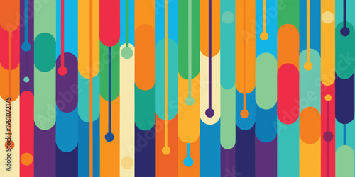 Abstract background with vertical rounded bars and hanging circular dots in vibrant colors of blue orange green red yellow and purple arranged in a repetitive geometric pattern