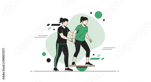 Physical therapist assisting patient with balance training on a wobble board