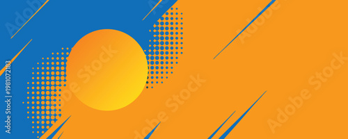 Abstract background with a central yellow gradient circle surrounded by blue halftone dot patterns and diagonal lines on a split orange and blue backdrop