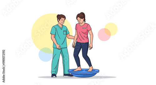 Physical Therapist Assisting Patient with Balance Training on Bosu Ball