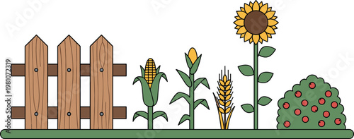 Farm Garden Fence and Plants Icon Set with Corn, Wheat, Sunflowers, and Greenery for Agricultural, Nature, and Garden Designs
