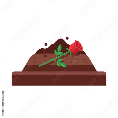 A red rose rests on a freshly dug grave mound, symbolizing loss and remembrance