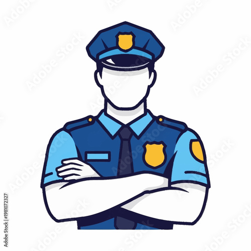Police Officer Standing With Arms Crossed Uniform Hat Badge.