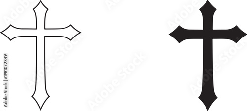 Decorative Christian cross black silhouette and linear outline icon, isolated on white background.
