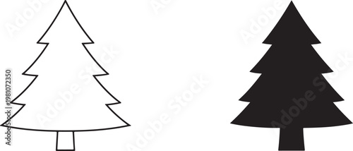 Evergreen conifer pine tree black silhouette and linear outline icon, isolated on white background.