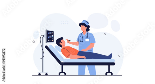 Doctor examining patient lying on hospital bed with medical monitor