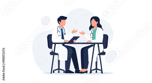 Two doctors in white coats discussing medical case at a table with tablet