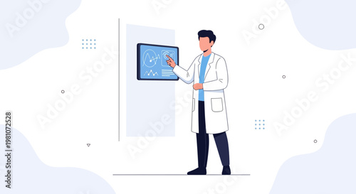 Scientist presenting data on a futuristic digital screen, medical research concept