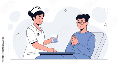Nurse giving water to patient in hospital bed, healthcare illustration