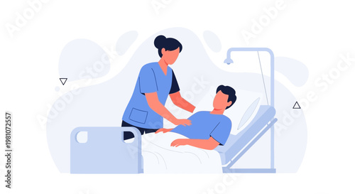 Nurse caring for patient in hospital bed, medical assistance, healthcare concept