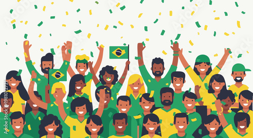 Diverse crowd of happy Brazilian fans cheering with flags and falling confetti