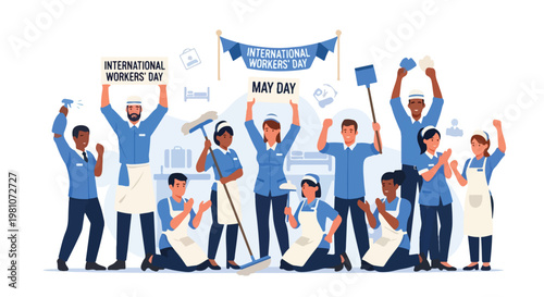 Diverse service workers celebrating International Workers' Day and May Day event
