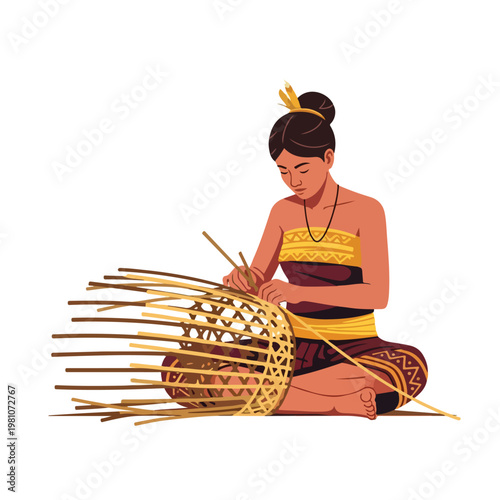 Asian woman in traditional clothing sits weaving a large handmade bamboo basket