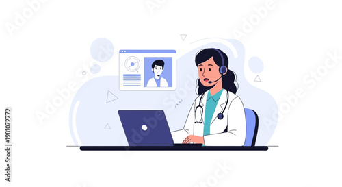 Doctor consulting patient online via video call on laptop, telemedicine concept