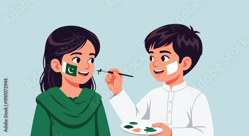 A boy painting a green national flag on a girl's cheek for a patriotic festival