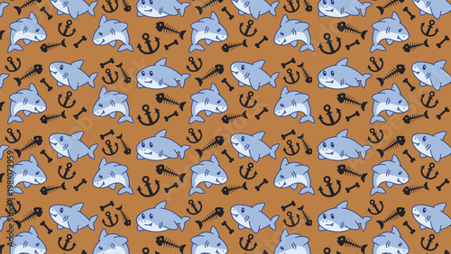 Cute sharks swim with anchors and bones. Brown background shows playful sea creatures. Pattern repeats across the whole image. Perfect for children's books or educational prints
