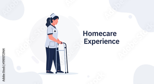 Nurse helping elderly person with walker, homecare experience, medical support