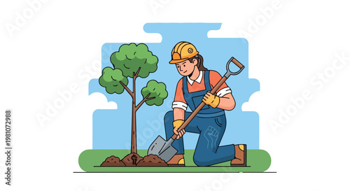Woman in hard hat and overalls planting a tree with a shovel on the green grass