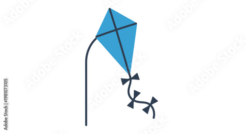 Blue kite with tail flying high.