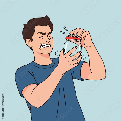 Stressed man in blue shirt clenching teeth while trying to open stuck glass jar