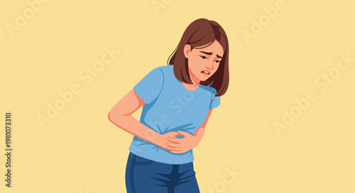 Illustration of a young woman in a blue shirt clutching her stomach in pain