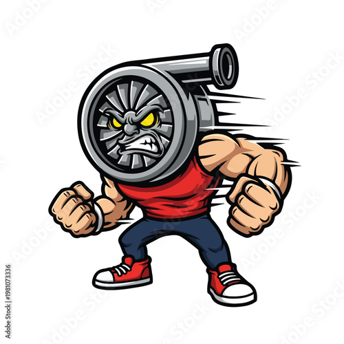 A muscular cartoon character with a turbocharger for a head, depicted with an angry expression and clenched fists, conveying power and speed against a clean white background