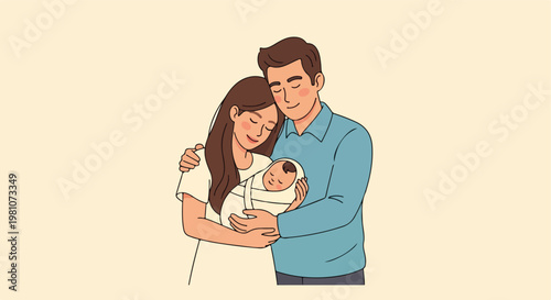 Happy mother and father embracing their newborn baby in a warm family embrace