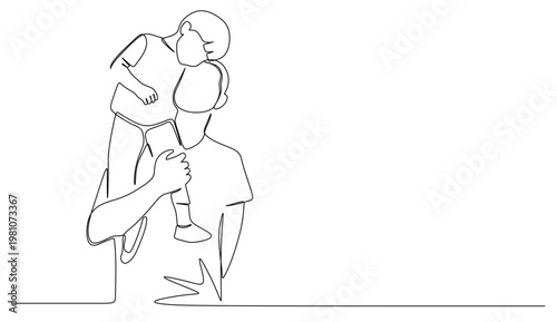 continuous line drawing of a father carrying a small child on his shoulders. single line vector drawing on a white background. world parents day