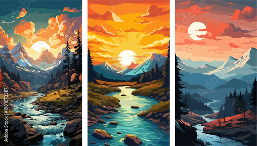 Three artistic landscapes featuring flowing rivers and majestic mountain ranges