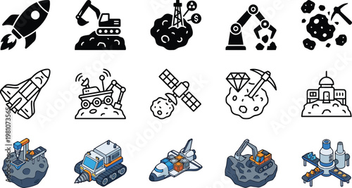 Set of space mining and asteroid resource extraction icons
