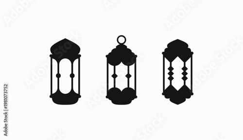 Three ornate lanterns stand in silhouette. Their shapes echo traditional Middle Eastern design. Each lantern features intricate geometric patterns. They glow softly against a pale background