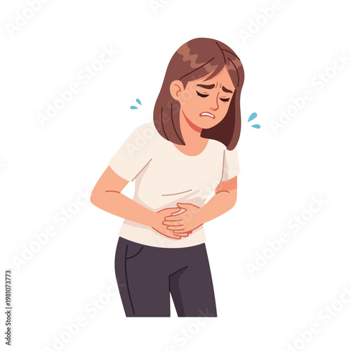 Young woman clutching her stomach in pain with a distressed facial expression