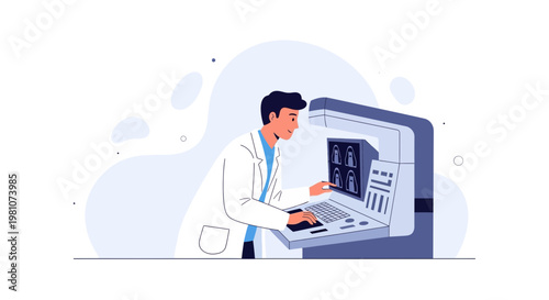 Doctor operating medical scanner, analyzing patient scans on computer screen