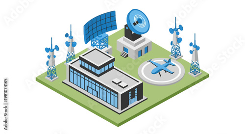 Modern Isometric Military Communication Center Vector with Radar Towers, Satellite Dish Station, and Drone Landing Pad.