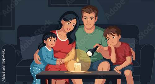 Family sits on a couch in a dark room with a candle and flashlight during outage