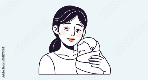Tired mother with dark circles under eyes holding sleeping baby in a blanket art