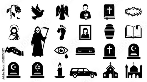 Funeral and cemetery silhouette icons featuring religious symbols, pastor, coffins, gravestones and mourning elements, concept for funeral planning, obituary design and religious memorial service